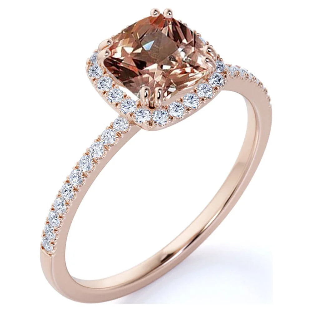 1.75 Carat Cushion Cut created morganite Halo Engagement Ring in 18k Rose Gold over Silver U434