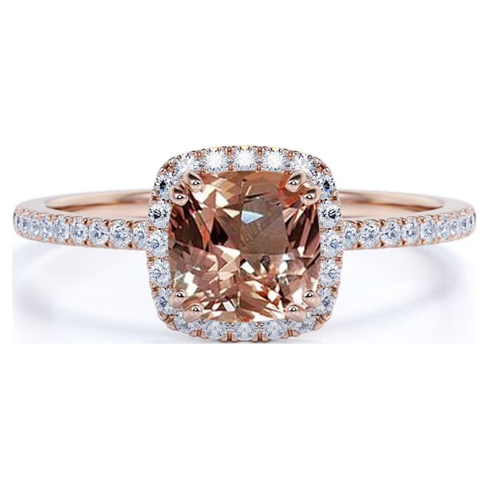 1.75 Carat Cushion Cut created morganite Halo Engagement Ring in 18k Rose Gold over Silver U434