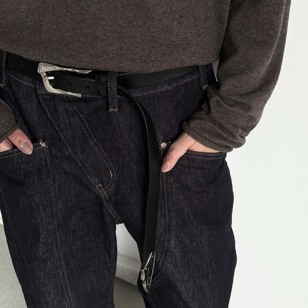 Sword Engraved Irregular Tip Full Grain Leather Belt Metal Pin Buckle