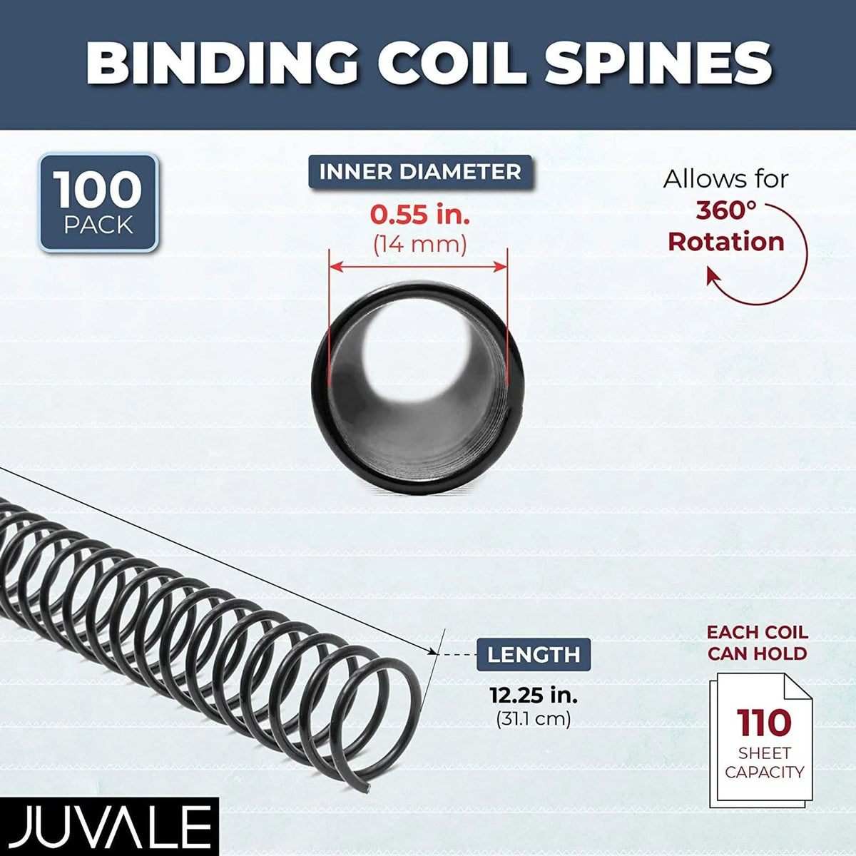 Black Spiral Binding Coils, Plastic Spines for 110 Sheets (12 in, 14mm, 4:1 Pitch, 100 Pack) Z2739